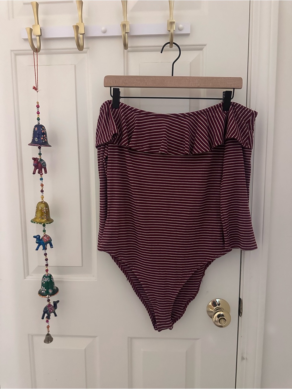 Ardene Burgundy and White Striped Off-Shoulder One-Piece Bodysuit XL